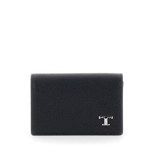 Tod's Men Timeless T Black Hammered Leather Card Holder For Men